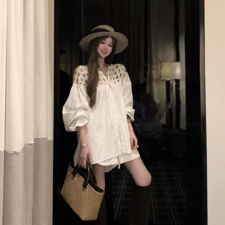 BY13223# 编织水溶绣领复古荷叶边衬衫女+亚麻短裤套装 服裝批發女裝批發服飾貨源