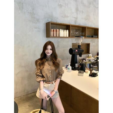 BY13225# 卡其色复古长袖衬衫女POLO领衬衣+休闲短裤高腰a字裤 服裝批發女裝批發服飾貨源