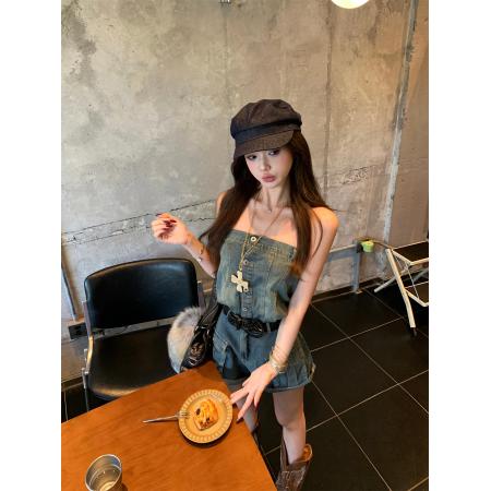 BY13229# 蓝色牛仔短裤女夏季新款设计感连体裤连身短裤 服裝批發女裝批發服飾貨源