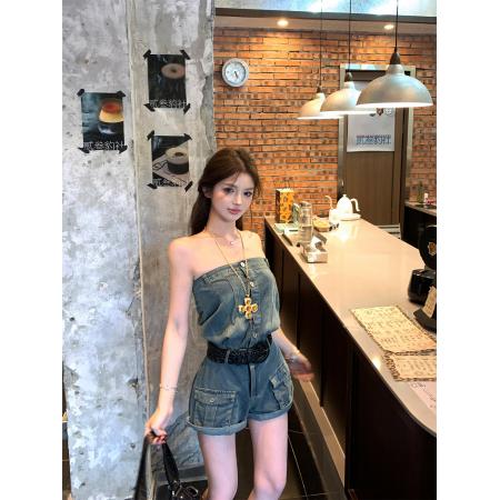 BY13229# 蓝色牛仔短裤女夏季新款设计感连体裤连身短裤 服裝批發女裝批發服飾貨源