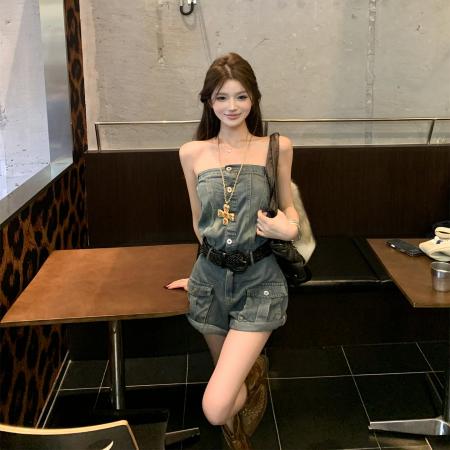 BY13229# 蓝色牛仔短裤女夏季新款设计感连体裤连身短裤 服裝批發女裝批發服飾貨源