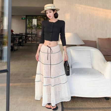 BY13230# 黑色长袖针织上衣女款重工绝美蕾丝半身裙套装 服裝批發女裝批發服飾貨源