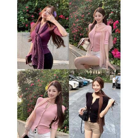 BY13231# 显瘦中袖V领正肩修身针织上衣+长款薄款简约波点丝巾 服裝批發女裝批發服飾貨源