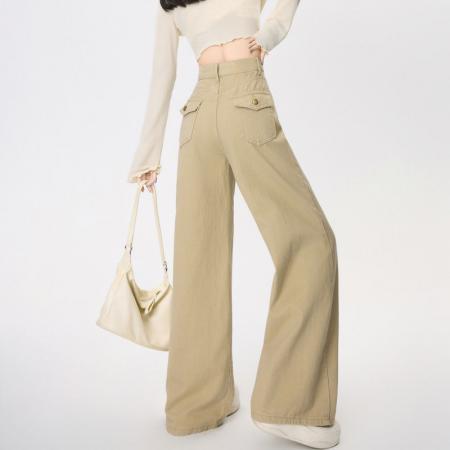 BY13239# 卡其色牛仔裤工装裤女春夏季新款韩版高腰休闲屁帘裤子 服裝批發女裝批發服飾貨源