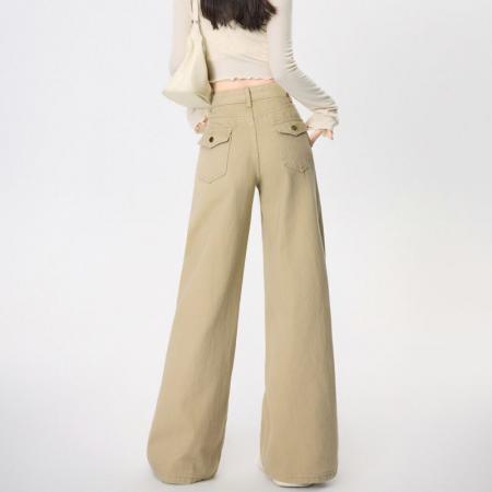 BY13239# 卡其色牛仔裤工装裤女春夏季新款韩版高腰休闲屁帘裤子 服裝批發女裝批發服飾貨源