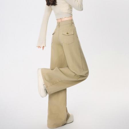 BY13239# 卡其色牛仔裤工装裤女春夏季新款韩版高腰休闲屁帘裤子 服裝批發女裝批發服飾貨源