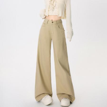 BY13239# 卡其色牛仔裤工装裤女春夏季新款韩版高腰休闲屁帘裤子 服裝批發女裝批發服飾貨源