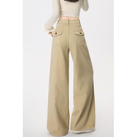 BY13239# 卡其色牛仔裤工装裤女春夏季新款韩版高腰休闲屁帘裤子 服裝批發女裝批發服飾貨源