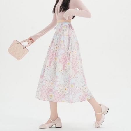 BY13241# 碎花半身裙中长款A子蝴蝶结裙子春夏新款伞裙韩版短裙女 服裝批發女裝批發服飾貨源