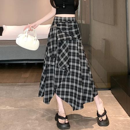 BY13245# 格子半身裙不规则中长款裙春夏季新款显瘦大摆韩版裙 服裝批發女裝批發服飾貨源