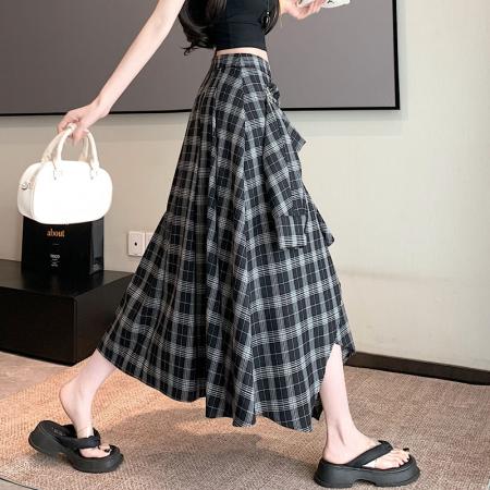BY13245# 格子半身裙不规则中长款裙春夏季新款显瘦大摆韩版裙 服裝批發女裝批發服飾貨源
