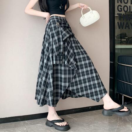 BY13245# 格子半身裙不规则中长款裙春夏季新款显瘦大摆韩版裙 服裝批發女裝批發服飾貨源