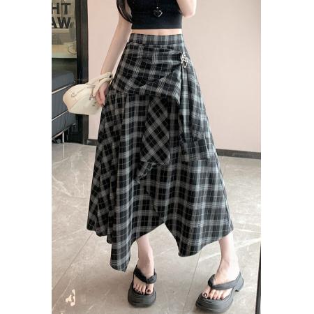 BY13245# 格子半身裙不规则中长款裙春夏季新款显瘦大摆韩版裙 服裝批發女裝批發服飾貨源