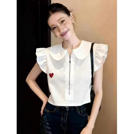 BY13249# 设计感娃娃领爱心刺绣衬衫女春季拉链短款显瘦减龄上衣百搭 服裝批發女裝批發服飾貨源