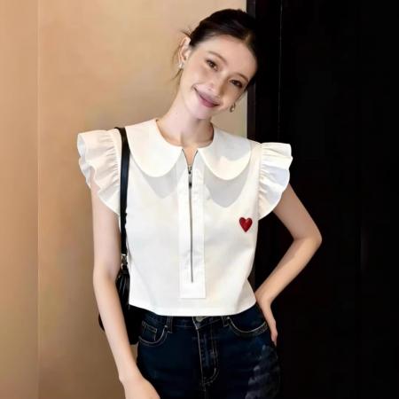 BY13249# 设计感娃娃领爱心刺绣衬衫女春季拉链短款显瘦减龄上衣百搭 服裝批發女裝批發服飾貨源