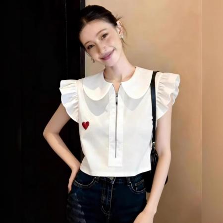 BY13249# 设计感娃娃领爱心刺绣衬衫女春季拉链短款显瘦减龄上衣百搭 服裝批發女裝批發服飾貨源