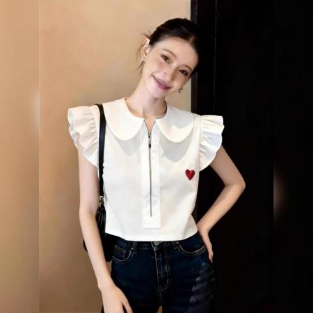 BY13249# 设计感娃娃领爱心刺绣衬衫女春季拉链短款显瘦减龄上衣百搭 服裝批發女裝批發服飾貨源