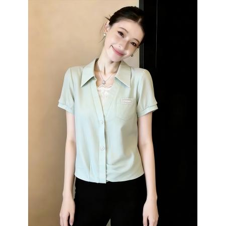 BY13251# 极简轻熟风短袖衬衫女夏季新款设计感薄款百搭翻领质感上衣 服裝批發女裝批發服飾貨源