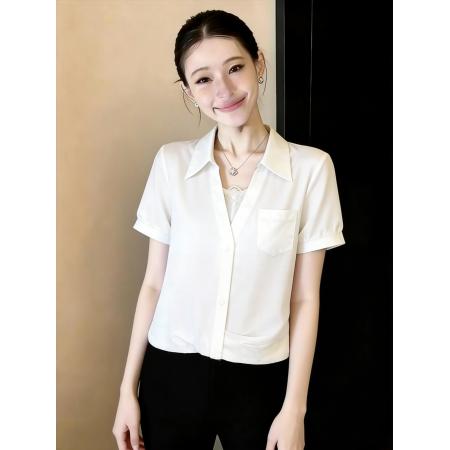 BY13251# 极简轻熟风短袖衬衫女夏季新款设计感薄款百搭翻领质感上衣 服裝批發女裝批發服飾貨源