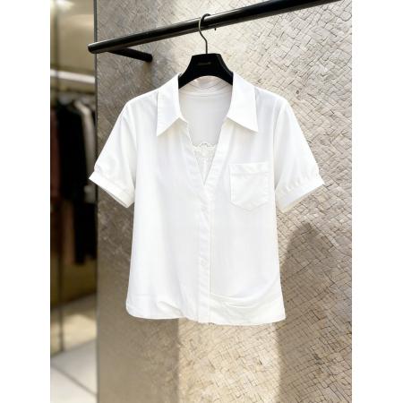 BY13251# 极简轻熟风短袖衬衫女夏季新款设计感薄款百搭翻领质感上衣 服裝批發女裝批發服飾貨源