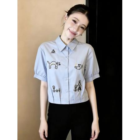 BY13252# 夏季新款时尚休闲短袖衬衫女设计感小众印花宽松显瘦百搭上衣 服裝批發女裝批發服飾貨源