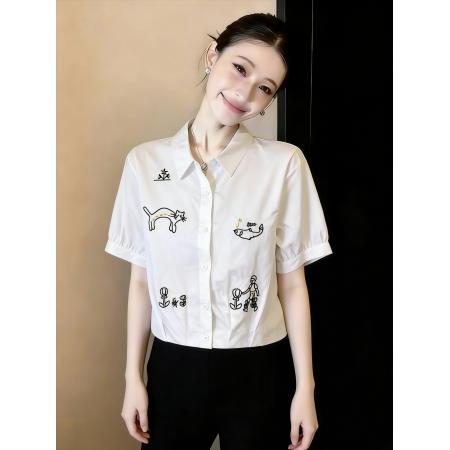 BY13252# 夏季新款时尚休闲短袖衬衫女设计感小众印花宽松显瘦百搭上衣 服裝批發女裝批發服飾貨源