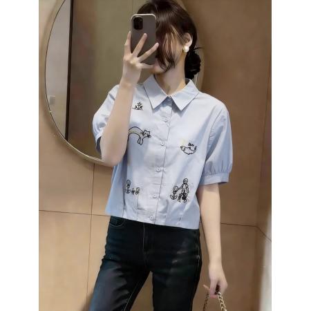 BY13252# 夏季新款时尚休闲短袖衬衫女设计感小众印花宽松显瘦百搭上衣 服裝批發女裝批發服飾貨源