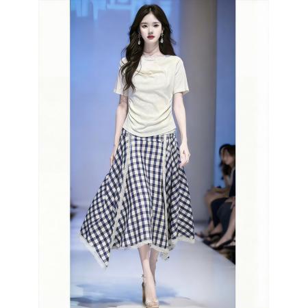 BY13253# 夏季新款蕾丝拼接短袖上衣格子裙蕾丝衣裙套装 服裝批發女裝批發服飾貨源