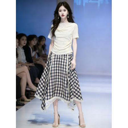 BY13253# 夏季新款蕾丝拼接短袖上衣格子裙蕾丝衣裙套装 服裝批發女裝批發服飾貨源