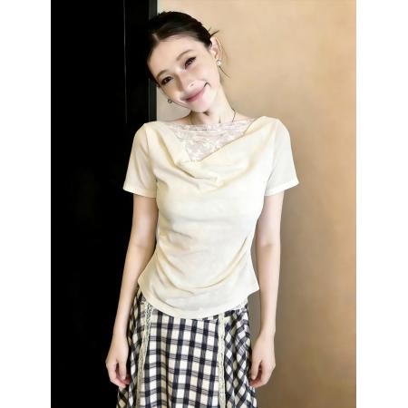 BY13253# 夏季新款蕾丝拼接短袖上衣格子裙蕾丝衣裙套装 服裝批發女裝批發服飾貨源