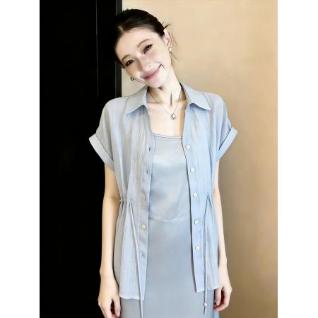 BY13254# 夏季法式薄款天丝系带收腰防晒衬衫缎面吊带连衣裙两件套 服裝批發女裝批發服飾貨源