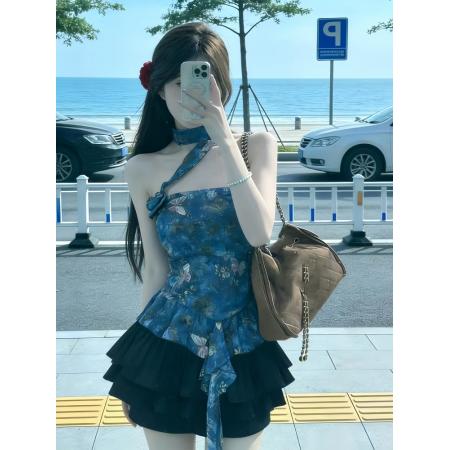 BY13255# 气质一整套ootd穿搭夏季性感辣妹蓝色碎花上衣短裙两件套装潮 服裝批發女裝批發服飾貨源