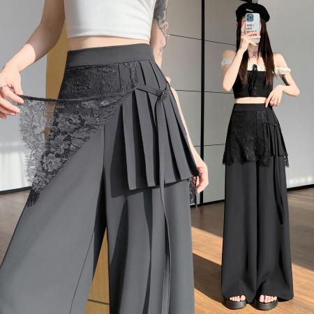 BY13256# 灰色蕾丝拼接屁帘西装阔腿裤女夏季高腰显瘦休闲直筒拖地裤 服裝批發女裝批發服飾貨源