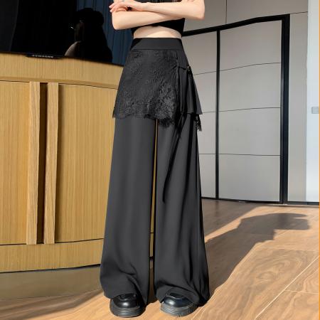 BY13256# 灰色蕾丝拼接屁帘西装阔腿裤女夏季高腰显瘦休闲直筒拖地裤 服裝批發女裝批發服飾貨源