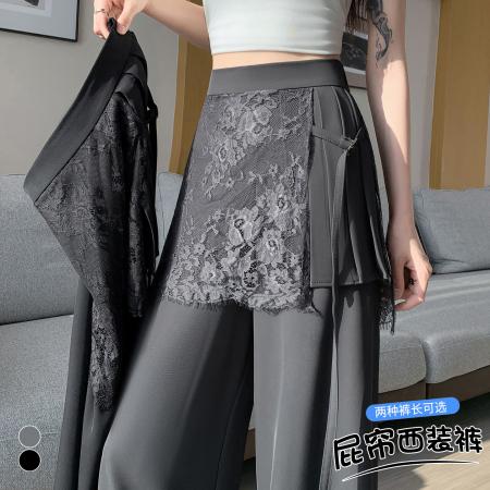 BY13256# 灰色蕾丝拼接屁帘西装阔腿裤女夏季高腰显瘦休闲直筒拖地裤 服裝批發女裝批發服飾貨源