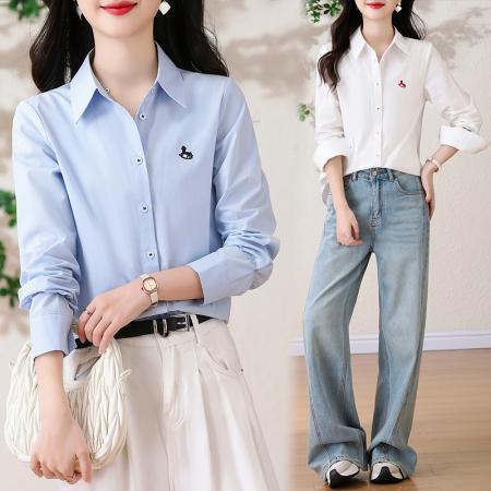 BY13261# 春季新款女装撞色木马刺绣休闲百搭翻领纯棉长袖衬衣 服裝批發女裝批發服飾貨源