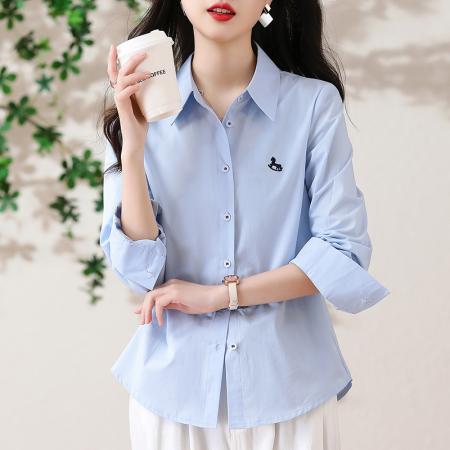 BY13261# 春季新款女装撞色木马刺绣休闲百搭翻领纯棉长袖衬衣 服裝批發女裝批發服飾貨源