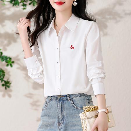 BY13261# 春季新款女装撞色木马刺绣休闲百搭翻领纯棉长袖衬衣 服裝批發女裝批發服飾貨源