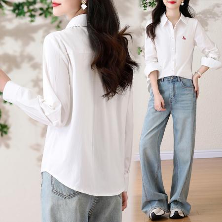 BY13261# 春季新款女装撞色木马刺绣休闲百搭翻领纯棉长袖衬衣 服裝批發女裝批發服飾貨源