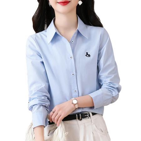 BY13261# 春季新款女装撞色木马刺绣休闲百搭翻领纯棉长袖衬衣 服裝批發女裝批發服飾貨源