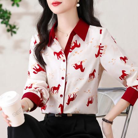 BY13262# 春季新款女装撞色翻领小马印花气质百搭长袖衬衫 服裝批發女裝批發服飾貨源
