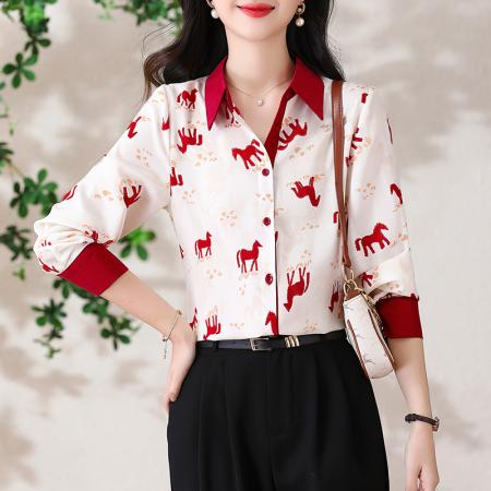 BY13262# 春季新款女装撞色翻领小马印花气质百搭长袖衬衫 服裝批發女裝批發服飾貨源