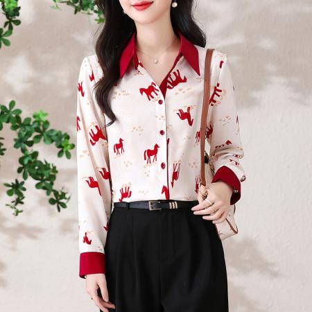 BY13262# 春季新款女装撞色翻领小马印花气质百搭长袖衬衫 服裝批發女裝批發服飾貨源