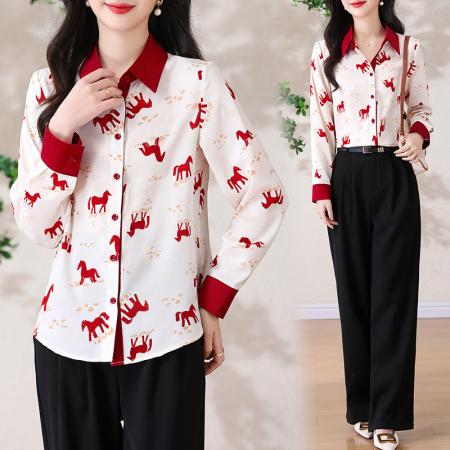 BY13262# 春季新款女装撞色翻领小马印花气质百搭长袖衬衫 服裝批發女裝批發服飾貨源