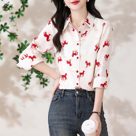 BY13263# 春季新款衬衫女气质百搭小马印花长袖上衣 服裝批發女裝批發服飾貨源