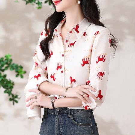 BY13263# 春季新款衬衫女气质百搭小马印花长袖上衣 服裝批發女裝批發服飾貨源