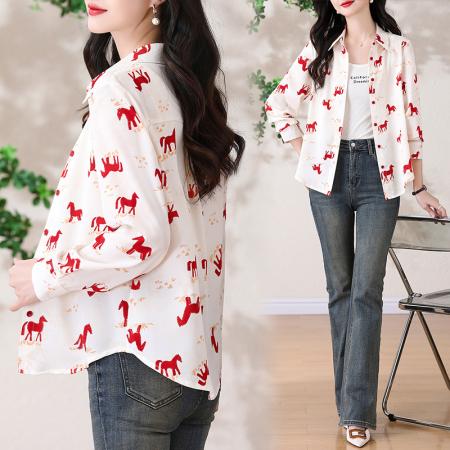 BY13263# 春季新款衬衫女气质百搭小马印花长袖上衣 服裝批發女裝批發服飾貨源