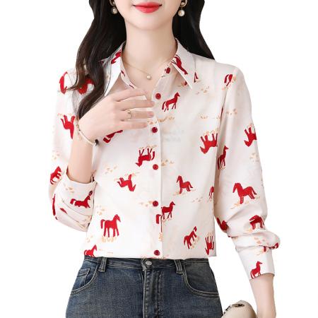 BY13263# 春季新款衬衫女气质百搭小马印花长袖上衣 服裝批發女裝批發服飾貨源