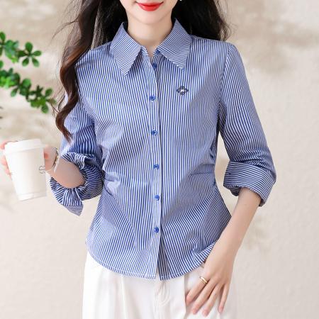 BY13264# 春季新款条纹衬衣女修身显瘦精美刺绣长袖上衣 服裝批發女裝批發服飾貨源