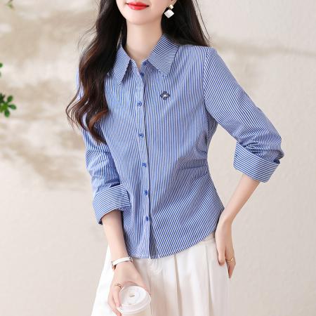BY13264# 春季新款条纹衬衣女修身显瘦精美刺绣长袖上衣 服裝批發女裝批發服飾貨源